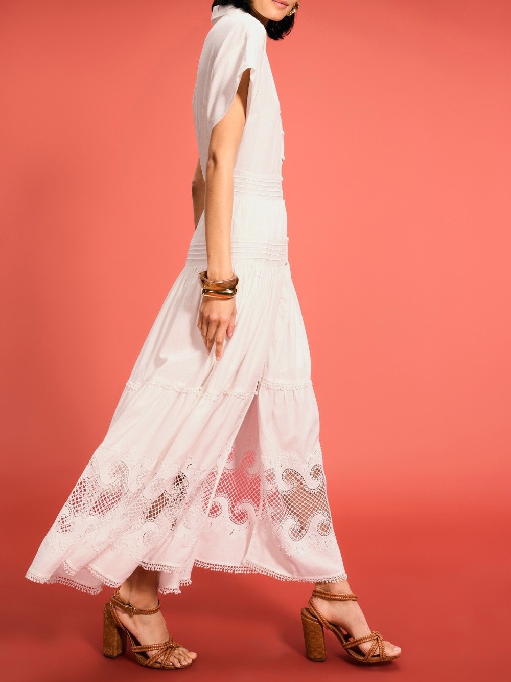 Maje Embroidered Ruffled Maxi Dress White Lace-Trim